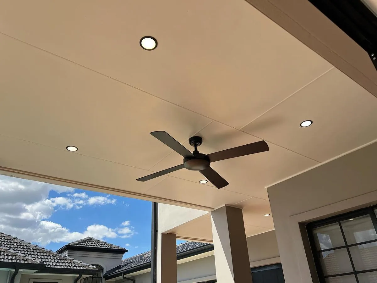 Outdoor alfresco ceiling with fan and recessed downlights